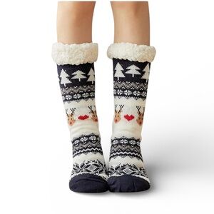 Cozy Navy and White Reindeer Hearts Patterned Slipper Socks